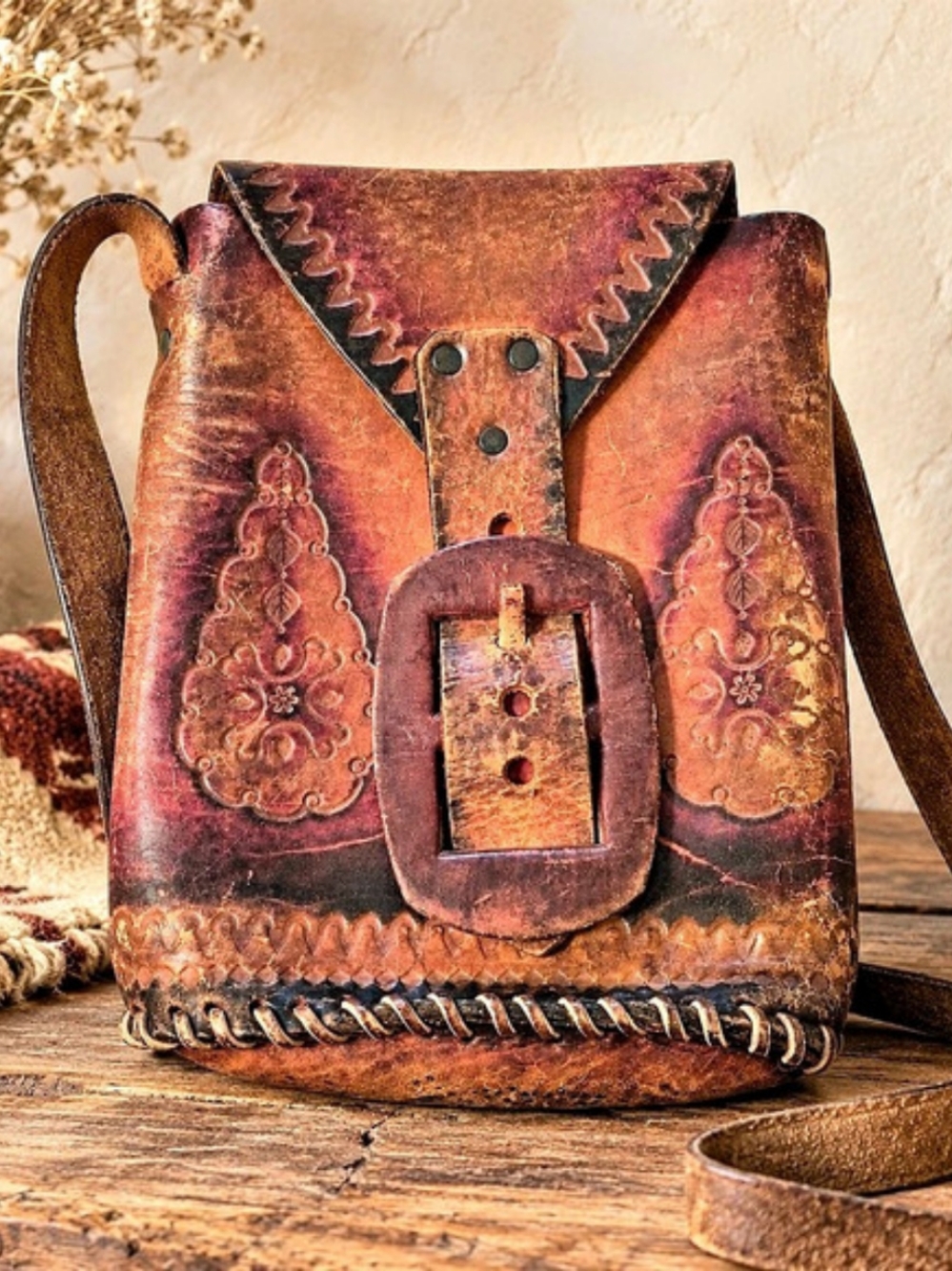 Vintage Brazilian Hand Tooled Leather Crossbody Bag Whipstitch Boho